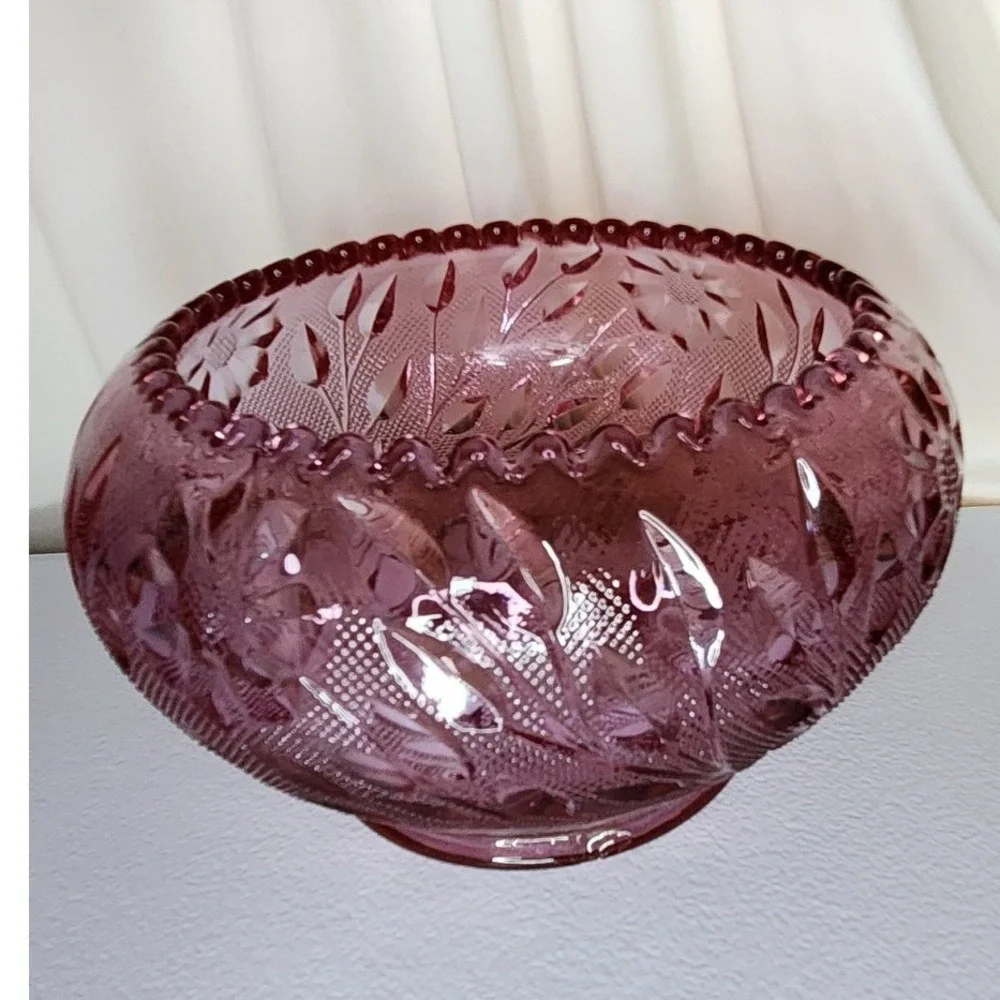 Fenton Pink/Purple Cut Glass Candle Bowl